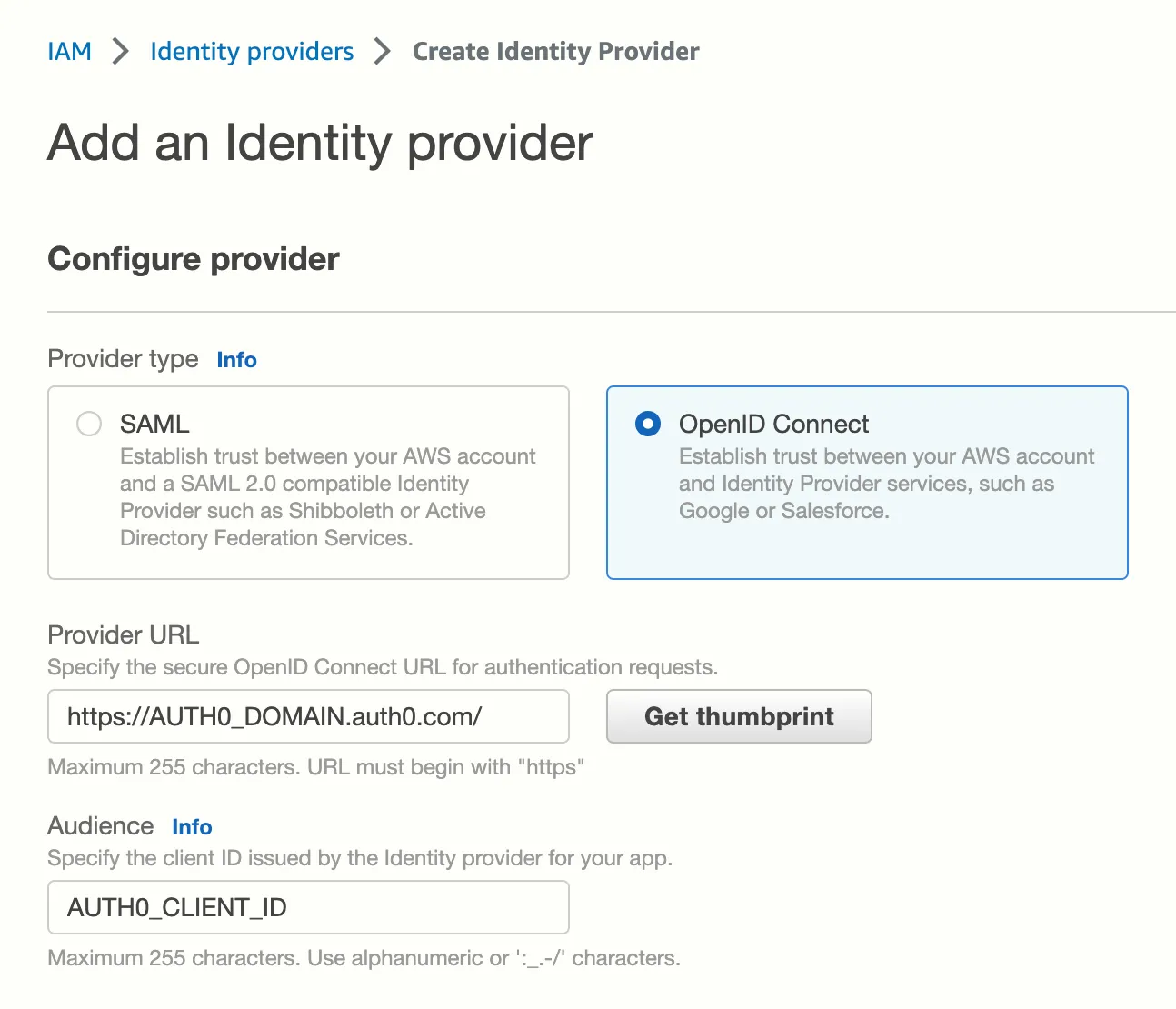 IAM Identity provider settings with trailing slash